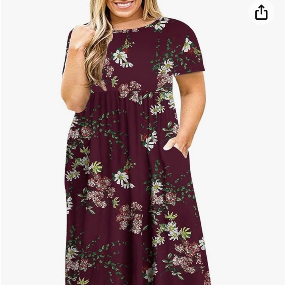 Maxi Dress sz 3xl maroon with floral pattern  slash pockets scoop neck